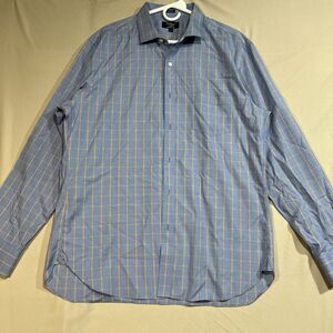 CREW Thompson Shirt XL 17-17.5 Blue Orange Check Wrinkle Free Cotton